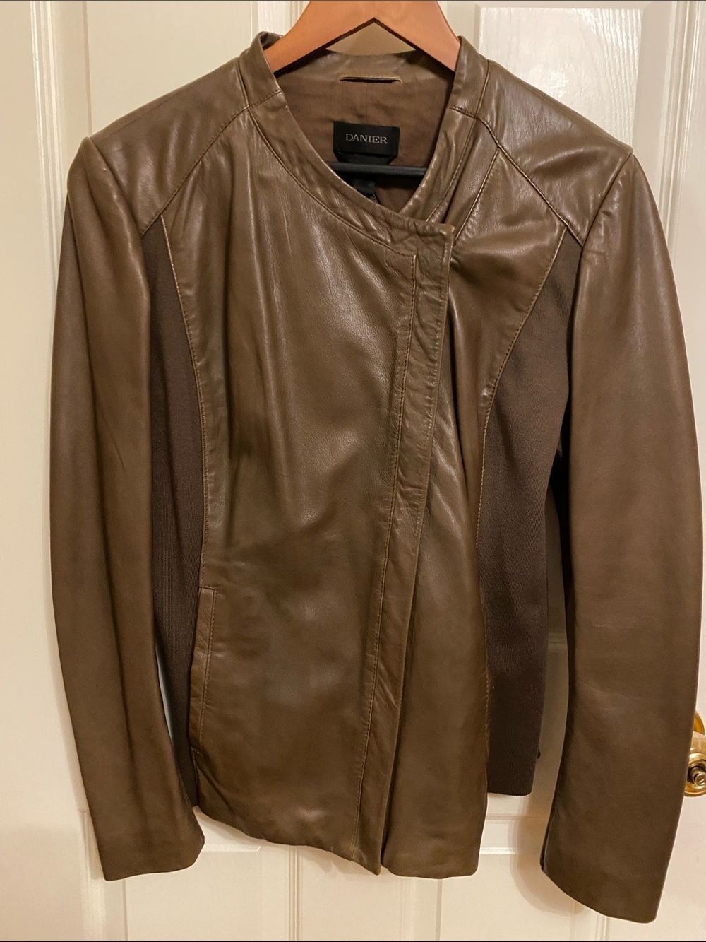Danier Women's Olive Brown Leather Jacket with Dark Paneling